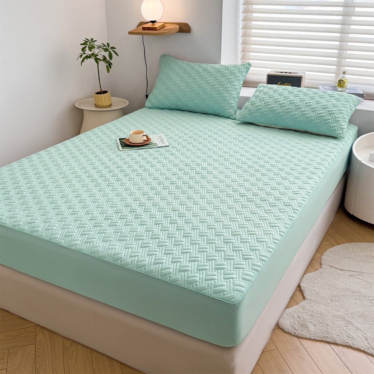 91家纺网 家纺一手货源 找家纺 雯豆家纺 2026新款10A抗菌氨纶凉感丝夏季冰皮床笠三件套简约纯色床垫保护套-风格二 时光氨纶凉感丝床笠-水绿