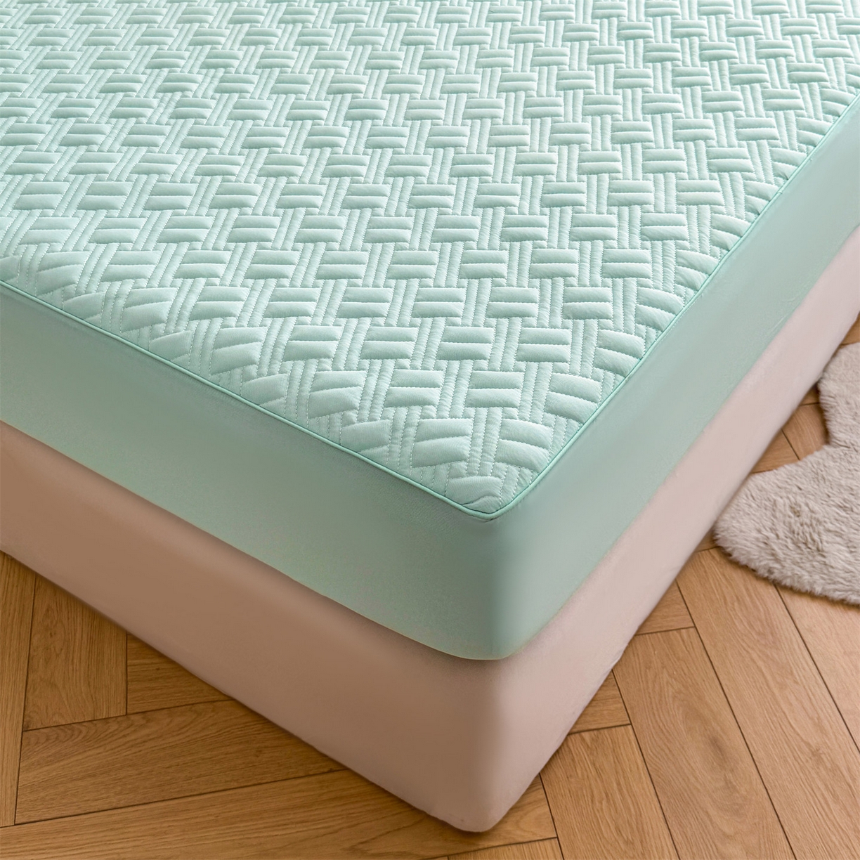 91家纺网 家纺一手货源 找家纺 雯豆家纺 2026新款10A抗菌氨纶凉感丝夏季冰皮床笠三件套简约纯色床垫保护套-风格二 时光氨纶凉感丝床笠-水绿