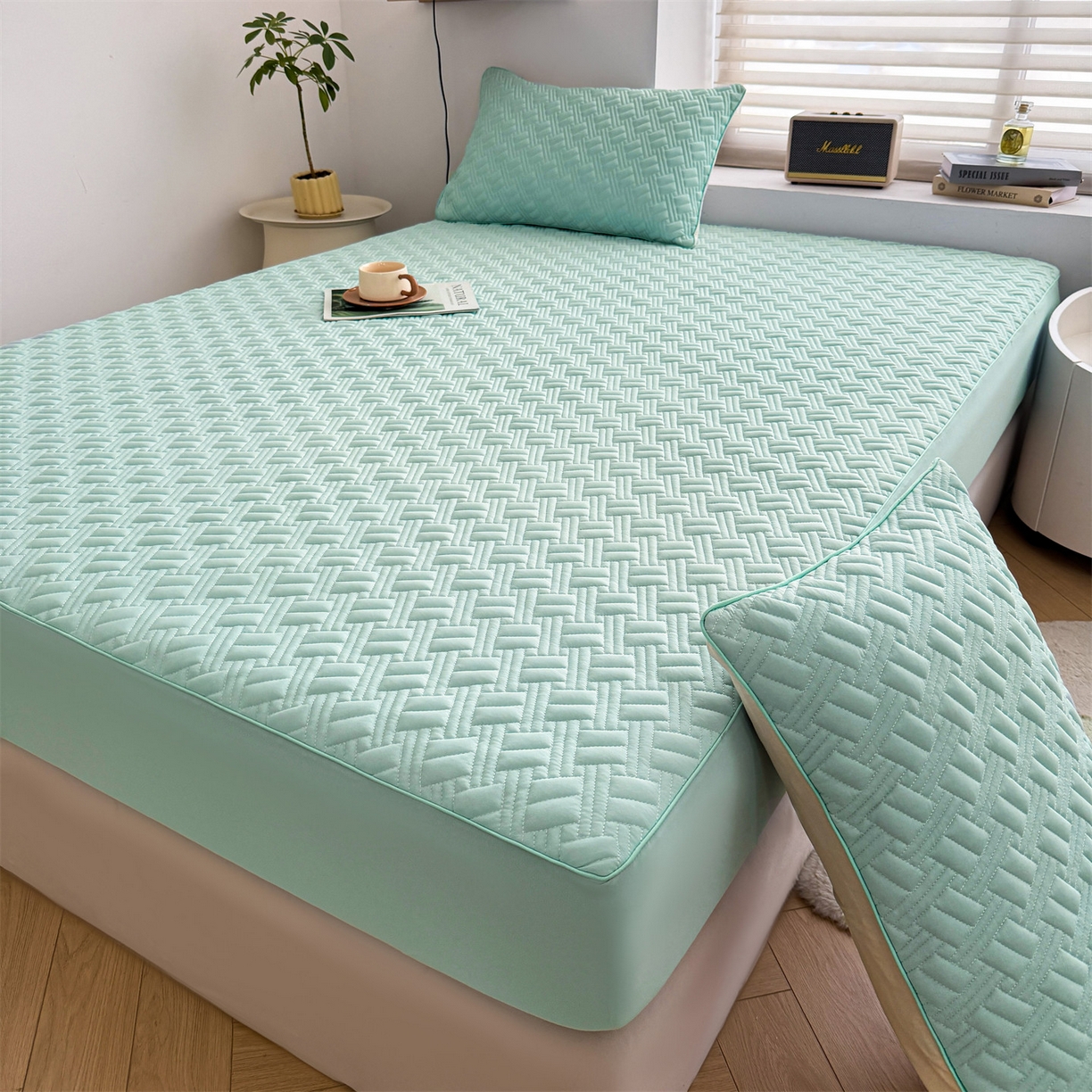 91家纺网 家纺一手货源 找家纺 雯豆家纺 2026新款10A抗菌氨纶凉感丝夏季冰皮床笠三件套简约纯色床垫保护套-风格二 时光氨纶凉感丝床笠-水绿