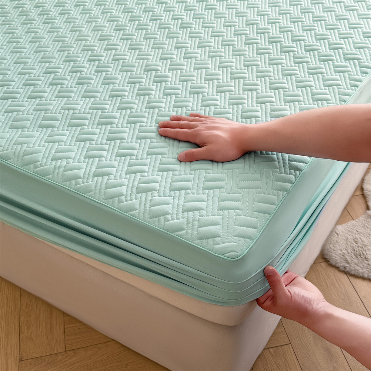 91家纺网 家纺一手货源 找家纺 雯豆家纺 2026新款10A抗菌氨纶凉感丝夏季冰皮床笠三件套简约纯色床垫保护套-风格二 时光氨纶凉感丝床笠-水绿