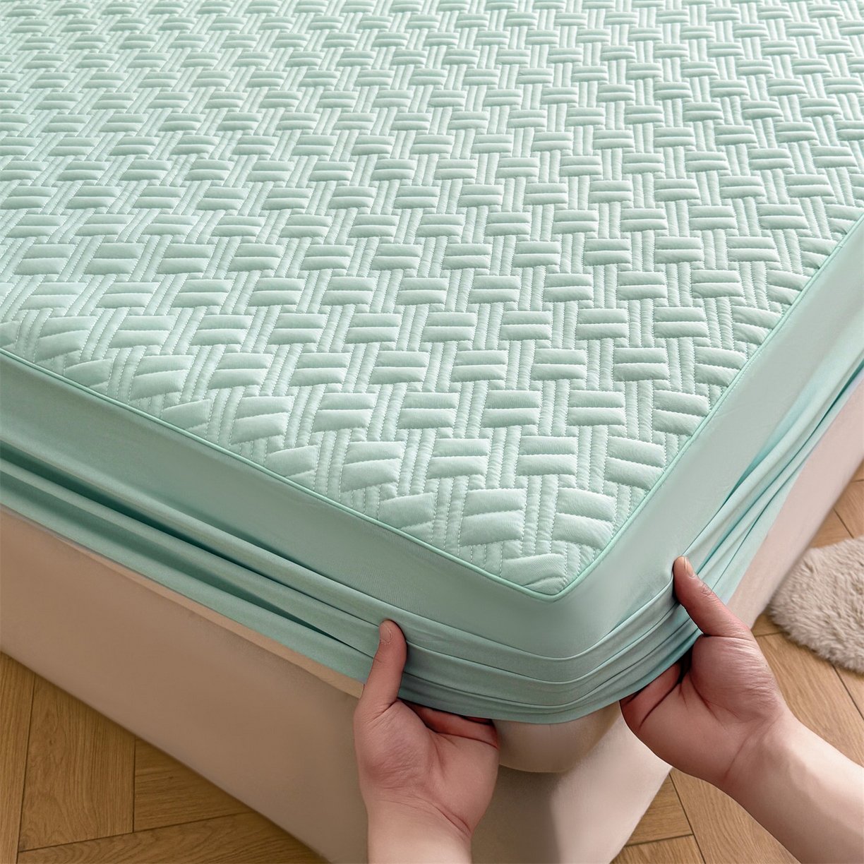 91家纺网 家纺一手货源 找家纺 雯豆家纺 2026新款10A抗菌氨纶凉感丝夏季冰皮床笠三件套简约纯色床垫保护套-风格二 时光氨纶凉感丝床笠-水绿