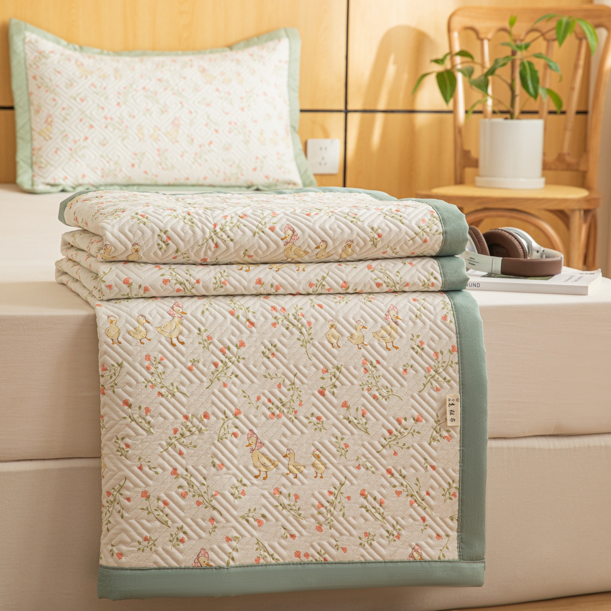 91家纺网 家纺一手货源 找家纺 女子家纺 2026新款宽边全棉纯棉老粗布绗缝夏季凉席席子 绿萝鸭鸭