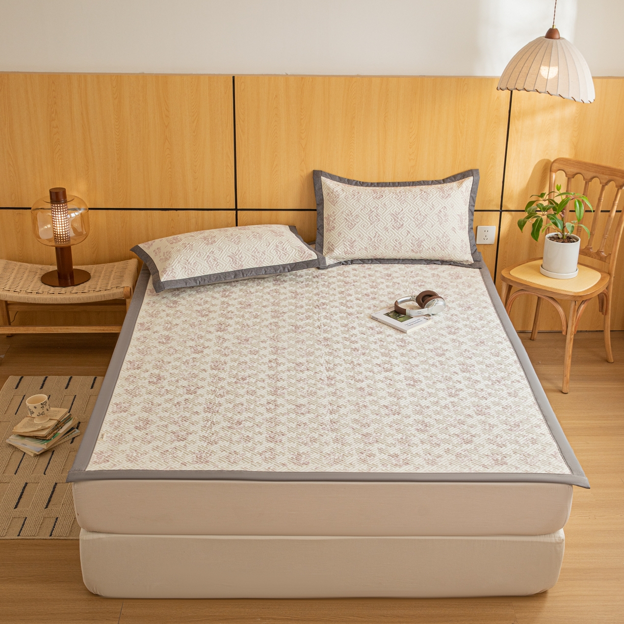 91家纺网 家纺一手货源 找家纺 女子家纺 2026新款宽边全棉纯棉老粗布绗缝夏季凉席席子 翠影-粉