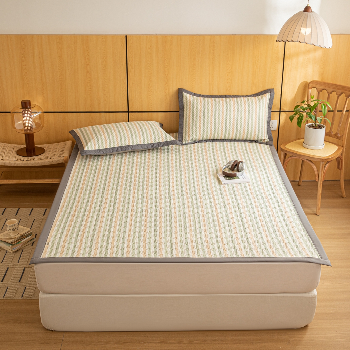 91家纺网 家纺一手货源 找家纺 女子家纺 2026新款宽边全棉纯棉老粗布绗缝夏季凉席席子 粗条-悠韵