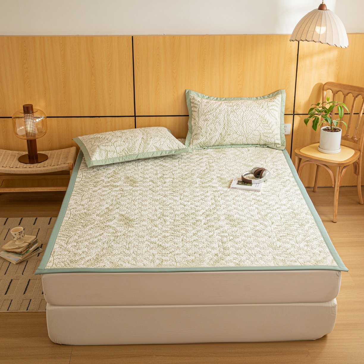 91家纺网 家纺一手货源 找家纺 女子家纺 2026新款宽边全棉纯棉老粗布绗缝夏季凉席席子 翠影-绿