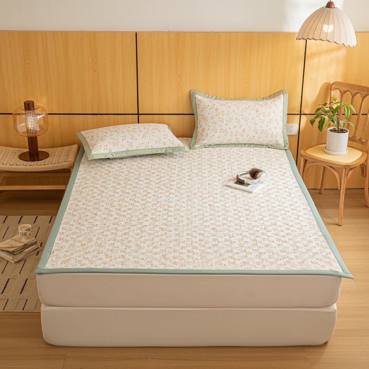 91家纺网 家纺一手货源 找家纺 女子家纺 2026新款宽边全棉纯棉老粗布绗缝夏季凉席席子 绿萝鸭鸭