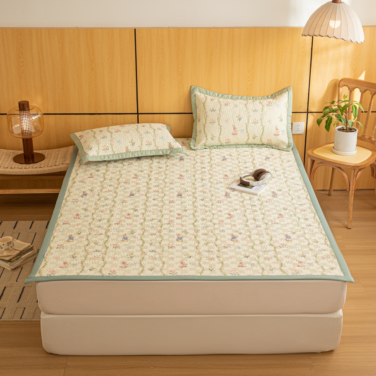 91家纺网 家纺一手货源 找家纺 女子家纺 2026新款宽边全棉纯棉老粗布绗缝夏季凉席席子 花间兔影