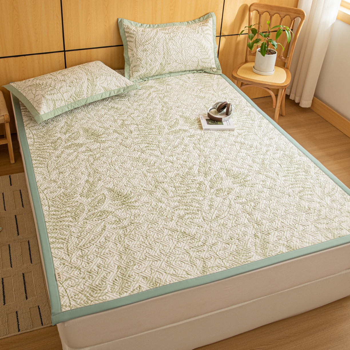 91家纺网 家纺一手货源 找家纺 女子家纺 2026新款宽边全棉纯棉老粗布绗缝夏季凉席席子 翠影-绿