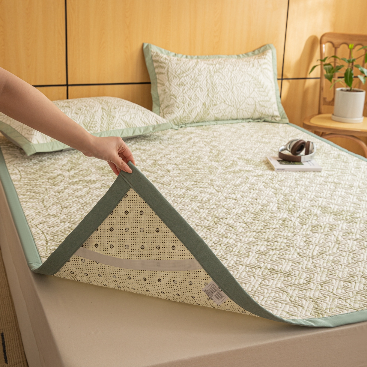 91家纺网 家纺一手货源 找家纺 女子家纺 2026新款宽边全棉纯棉老粗布绗缝夏季凉席席子 翠影-绿