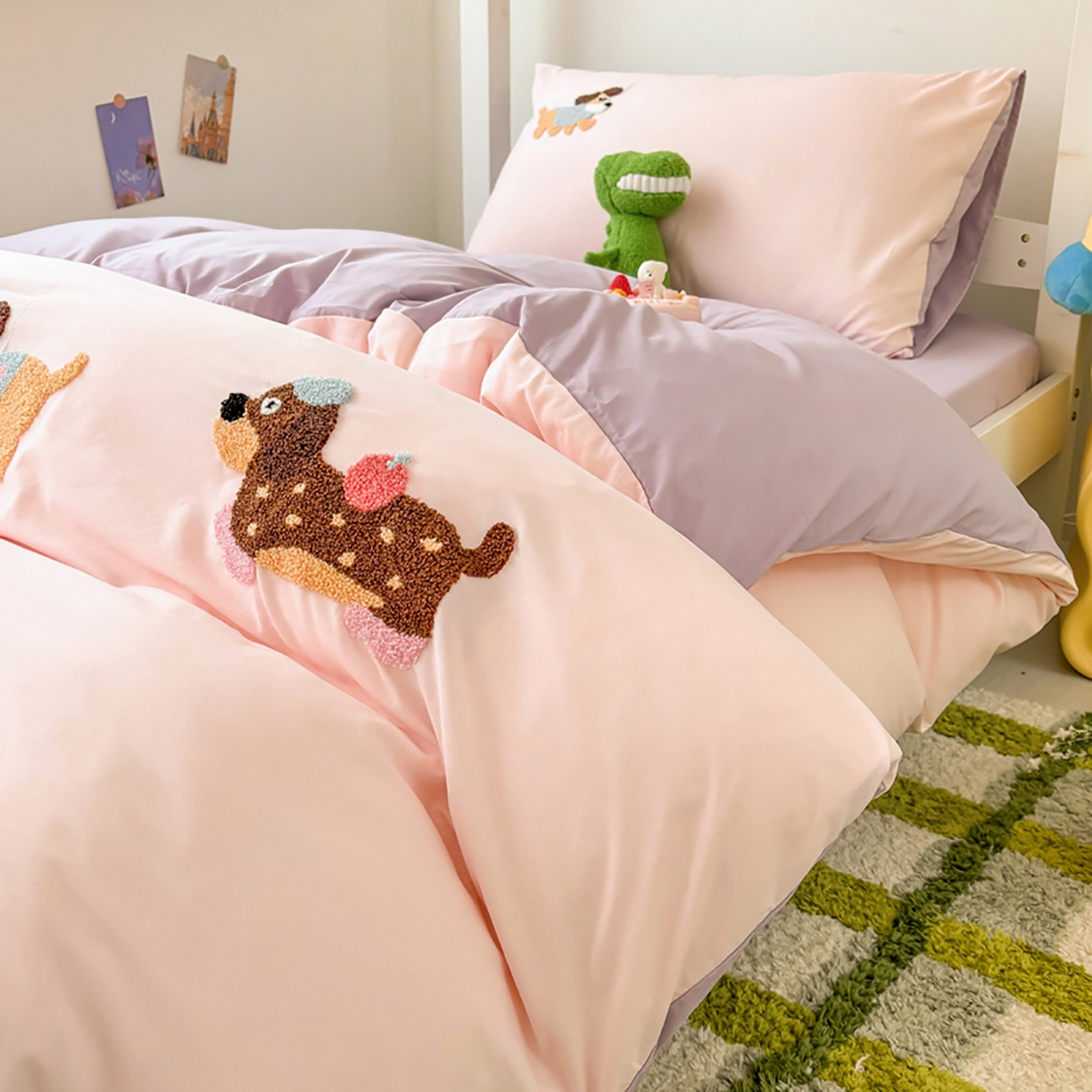 91家纺网 家纺一手货源 找家纺 欧妮家纺 2025新款学生床三件套学校宿舍单人寝室上下铺床上用品-提供买家秀 可爱狗狗-浅粉紫