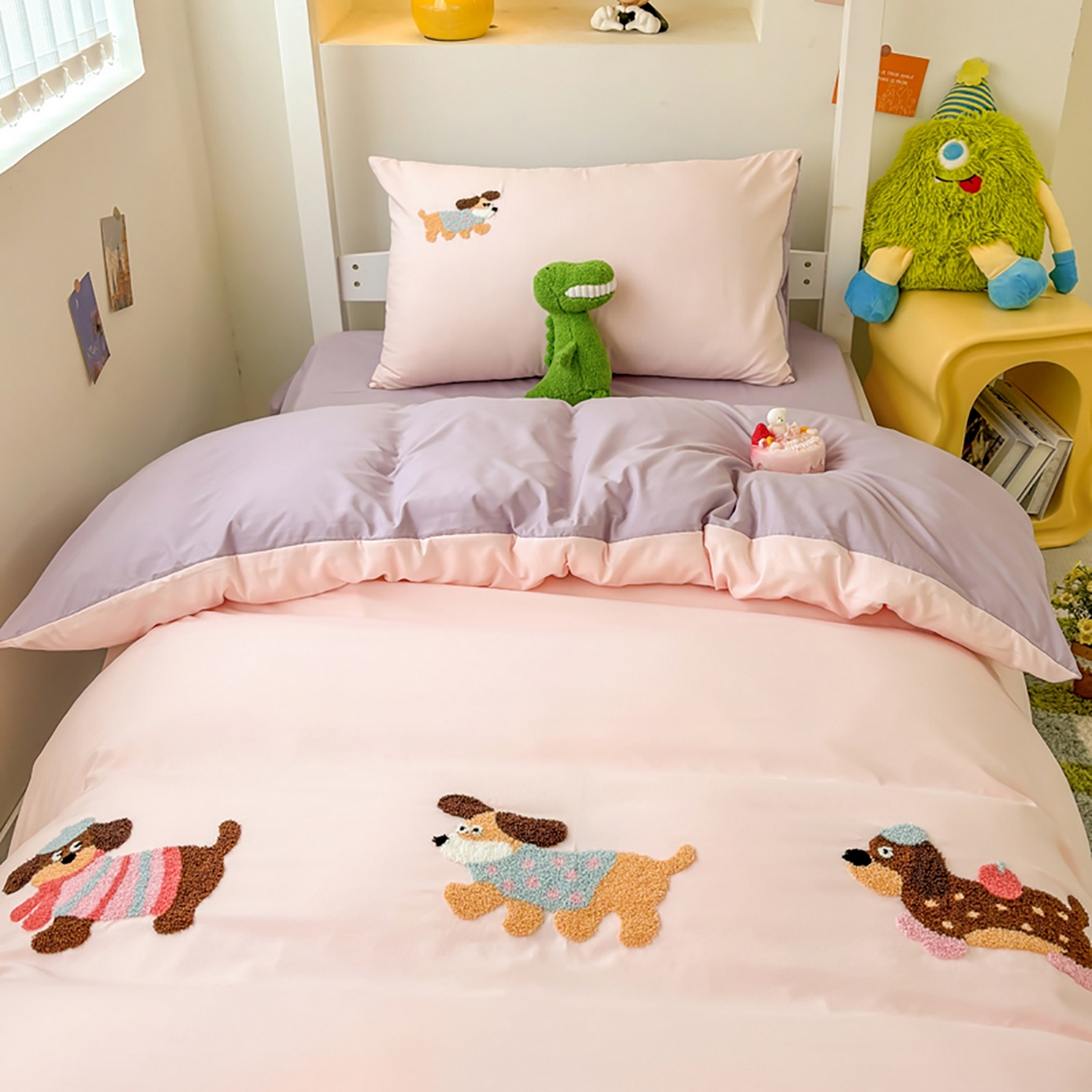 91家纺网 家纺一手货源 找家纺 欧妮家纺 2025新款学生床三件套学校宿舍单人寝室上下铺床上用品-提供买家秀 可爱狗狗-浅粉紫