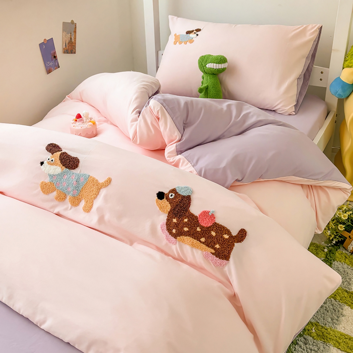 91家纺网 家纺一手货源 找家纺 欧妮家纺 2025新款学生床三件套学校宿舍单人寝室上下铺床上用品-提供买家秀 可爱狗狗-浅粉紫