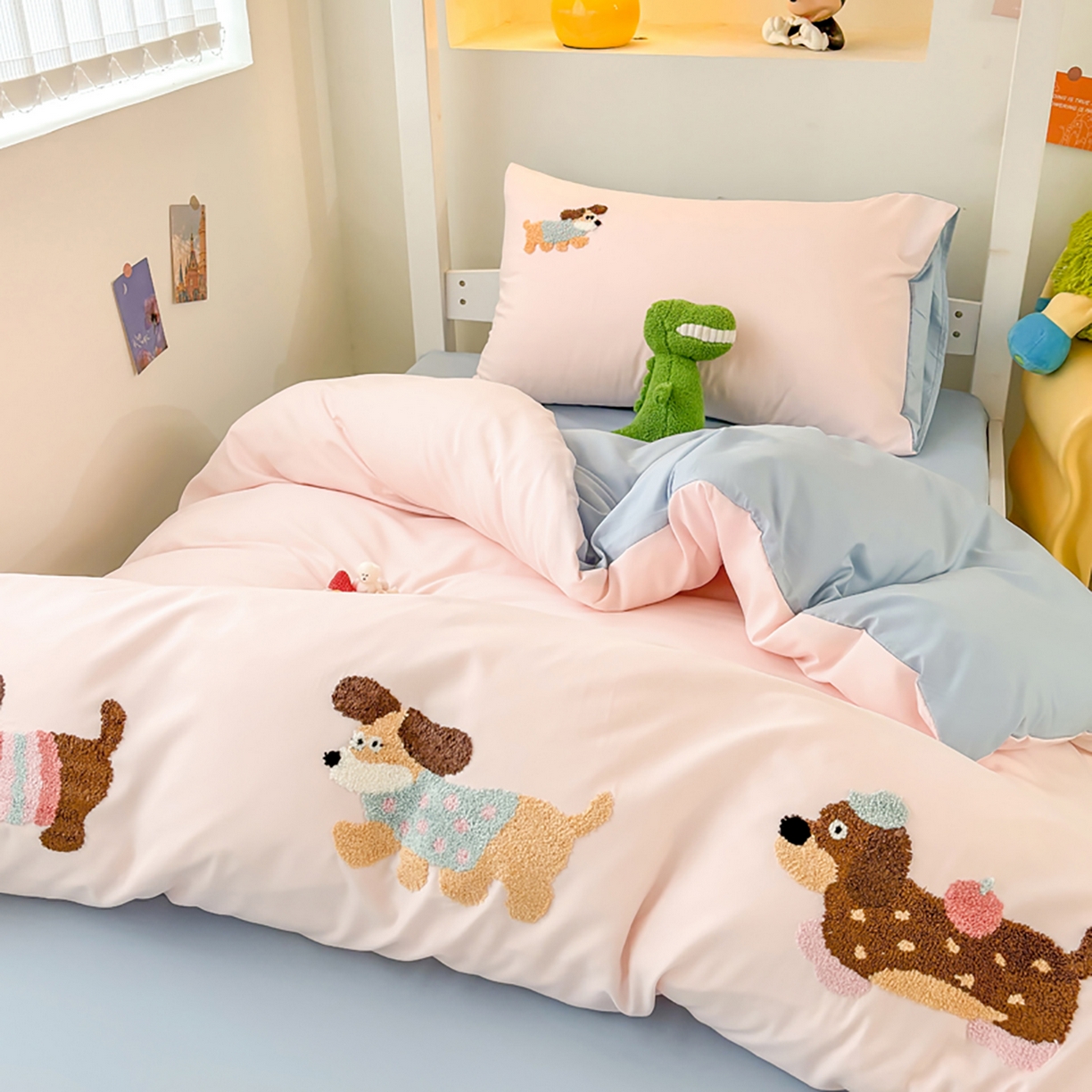 91家纺网 家纺一手货源 找家纺 欧妮家纺 2025新款学生床三件套学校宿舍单人寝室上下铺床上用品-提供买家秀 可爱狗狗-浅粉蓝