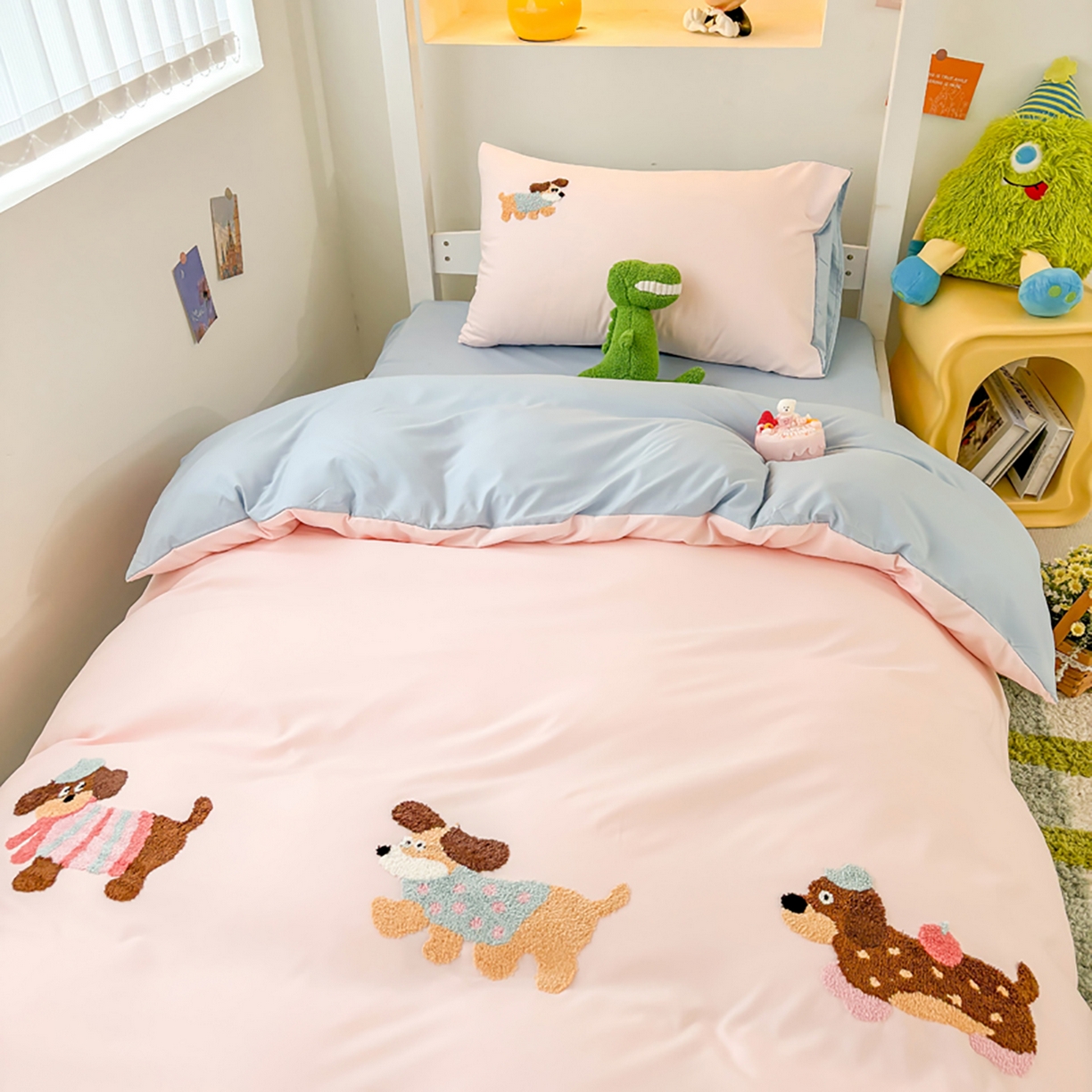 91家纺网 家纺一手货源 找家纺 欧妮家纺 2025新款学生床三件套学校宿舍单人寝室上下铺床上用品-提供买家秀 可爱狗狗-浅粉蓝