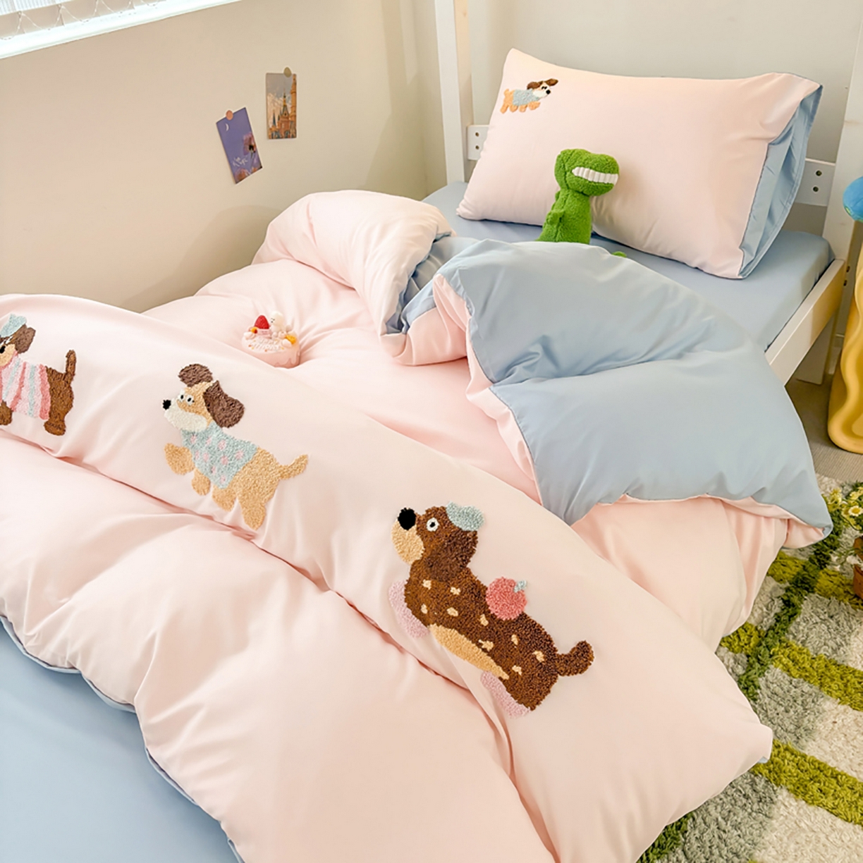 91家纺网 家纺一手货源 找家纺 欧妮家纺 2025新款学生床三件套学校宿舍单人寝室上下铺床上用品-提供买家秀 可爱狗狗-浅粉蓝