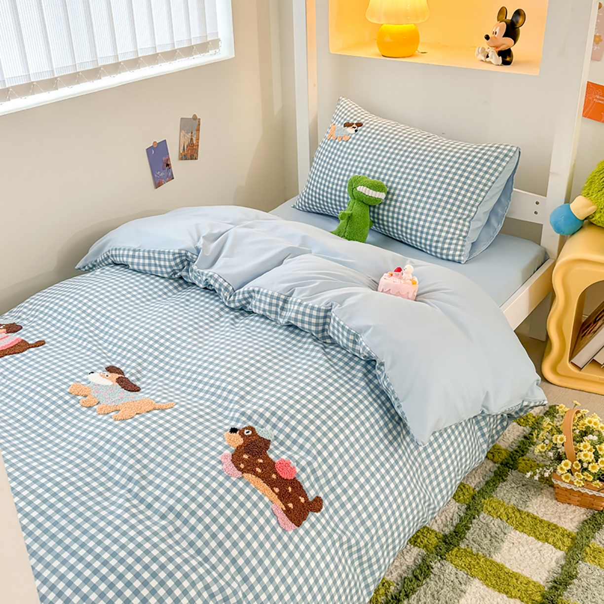 91家纺网 家纺一手货源 找家纺 欧妮家纺 2025新款学生床三件套学校宿舍单人寝室上下铺床上用品-提供买家秀 可爱狗狗-兰色格