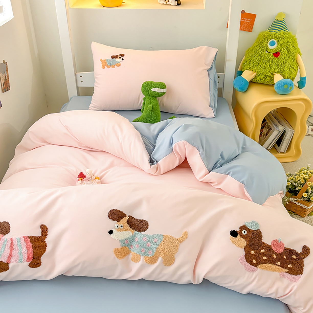 91家纺网 家纺一手货源 找家纺 欧妮家纺 2025新款学生床三件套学校宿舍单人寝室上下铺床上用品-提供买家秀 可爱狗狗-浅粉蓝