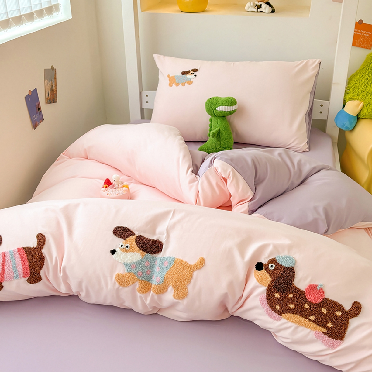 91家纺网 家纺一手货源 找家纺 欧妮家纺 2025新款学生床三件套学校宿舍单人寝室上下铺床上用品-提供买家秀 可爱狗狗-浅粉紫