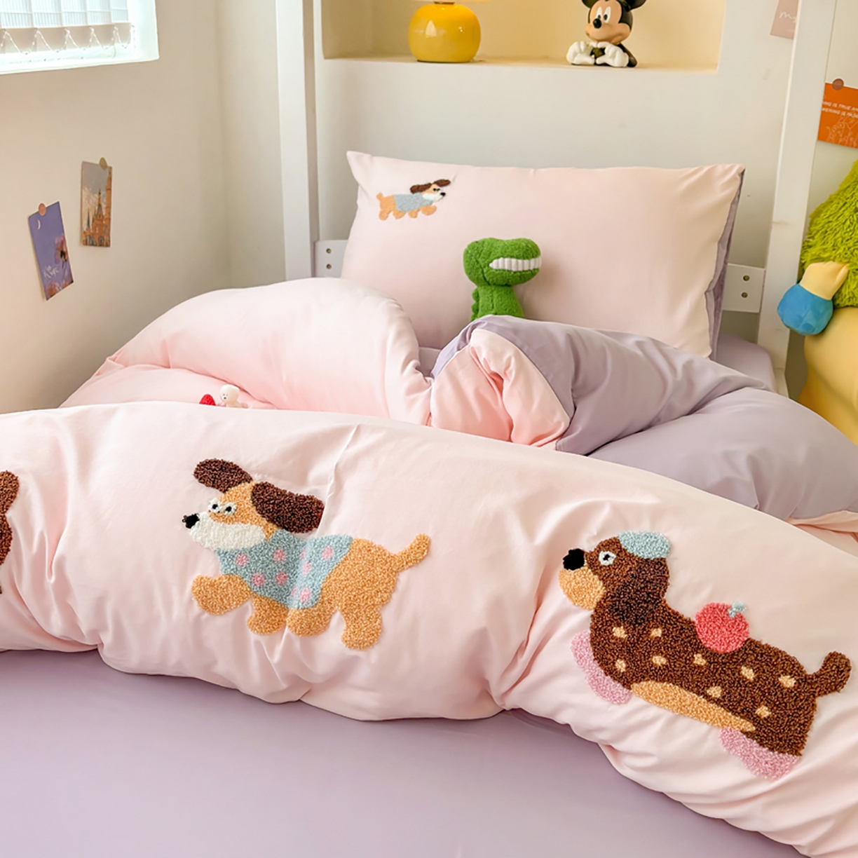 91家纺网 家纺一手货源 找家纺 欧妮家纺 2025新款学生床三件套学校宿舍单人寝室上下铺床上用品-提供买家秀 可爱狗狗-浅粉紫