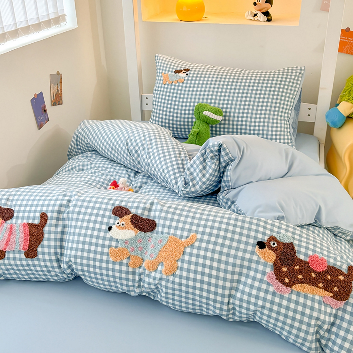 91家纺网 家纺一手货源 找家纺 欧妮家纺 2025新款学生床三件套学校宿舍单人寝室上下铺床上用品-提供买家秀 可爱狗狗-兰色格