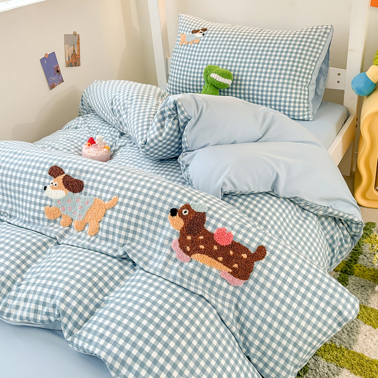 91家纺网 家纺一手货源 找家纺 欧妮家纺 2025新款学生床三件套学校宿舍单人寝室上下铺床上用品-提供买家秀 可爱狗狗-兰色格