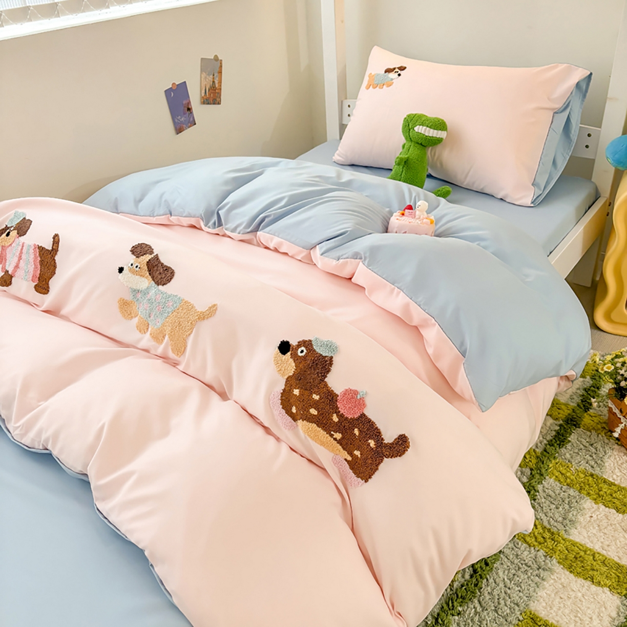 91家纺网 家纺一手货源 找家纺 欧妮家纺 2025新款学生床三件套学校宿舍单人寝室上下铺床上用品-提供买家秀 可爱狗狗-浅粉蓝