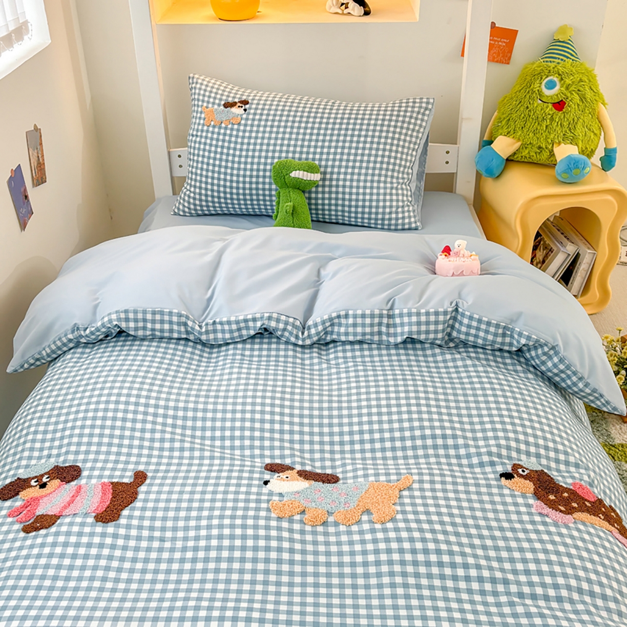 91家纺网 家纺一手货源 找家纺 欧妮家纺 2025新款学生床三件套学校宿舍单人寝室上下铺床上用品-提供买家秀 可爱狗狗-兰色格