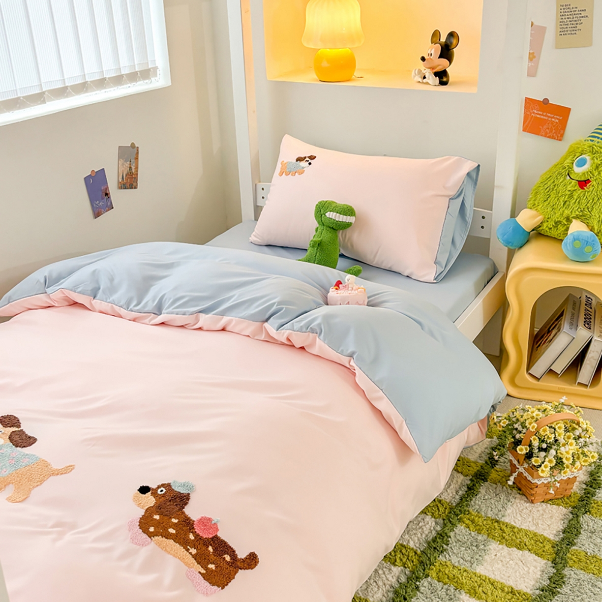 91家纺网 家纺一手货源 找家纺 欧妮家纺 2025新款学生床三件套学校宿舍单人寝室上下铺床上用品-提供买家秀 可爱狗狗-浅粉蓝