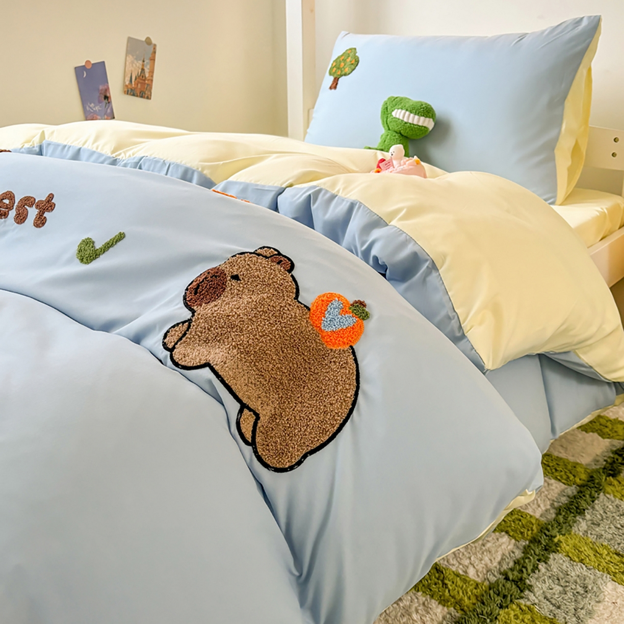 91家纺网 家纺一手货源 找家纺 欧妮家纺 2025新款学生床三件套学校宿舍单人寝室上下铺床上用品-提供买家秀 拉拉旅行-浅蓝黄