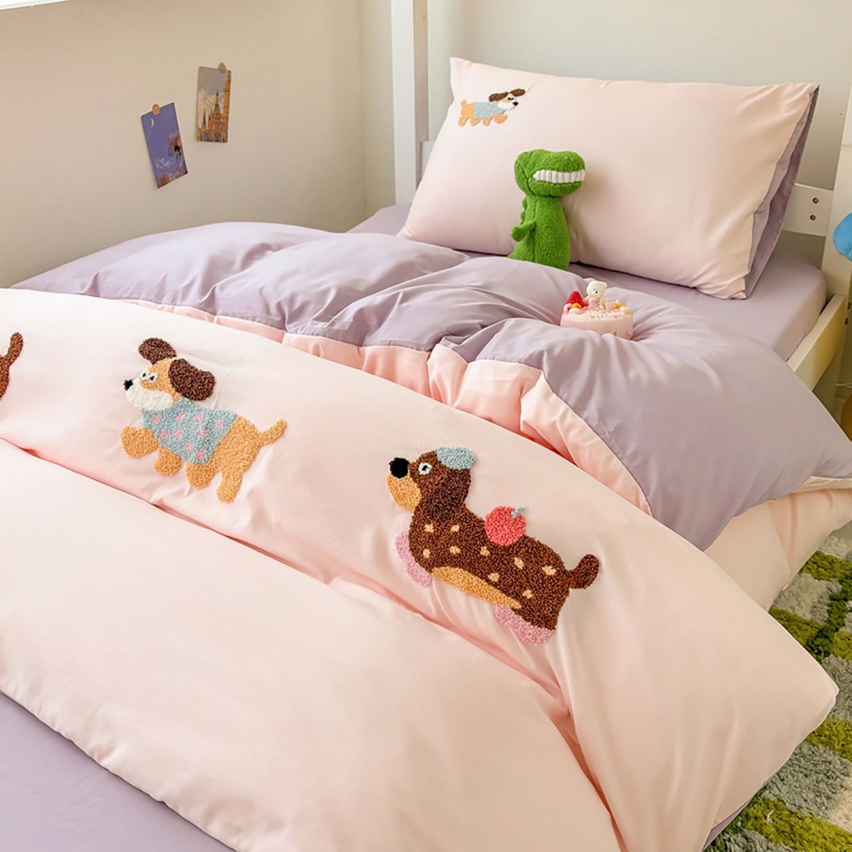 91家纺网 家纺一手货源 找家纺 欧妮家纺 2025新款学生床三件套学校宿舍单人寝室上下铺床上用品-提供买家秀 可爱狗狗-浅粉紫