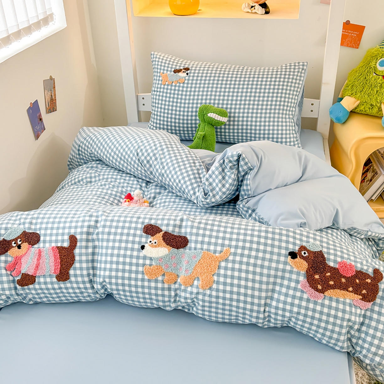 91家纺网 家纺一手货源 找家纺 欧妮家纺 2025新款学生床三件套学校宿舍单人寝室上下铺床上用品-提供买家秀 可爱狗狗-兰色格