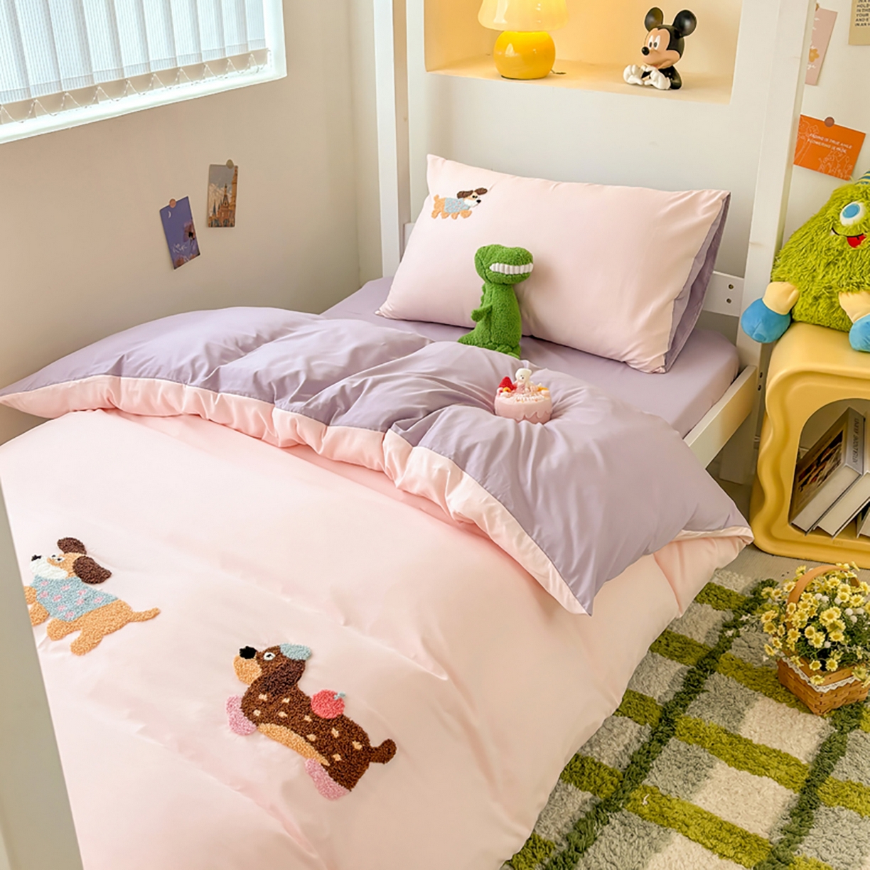 91家纺网 家纺一手货源 找家纺 欧妮家纺 2025新款学生床三件套学校宿舍单人寝室上下铺床上用品-提供买家秀 可爱狗狗-浅粉紫