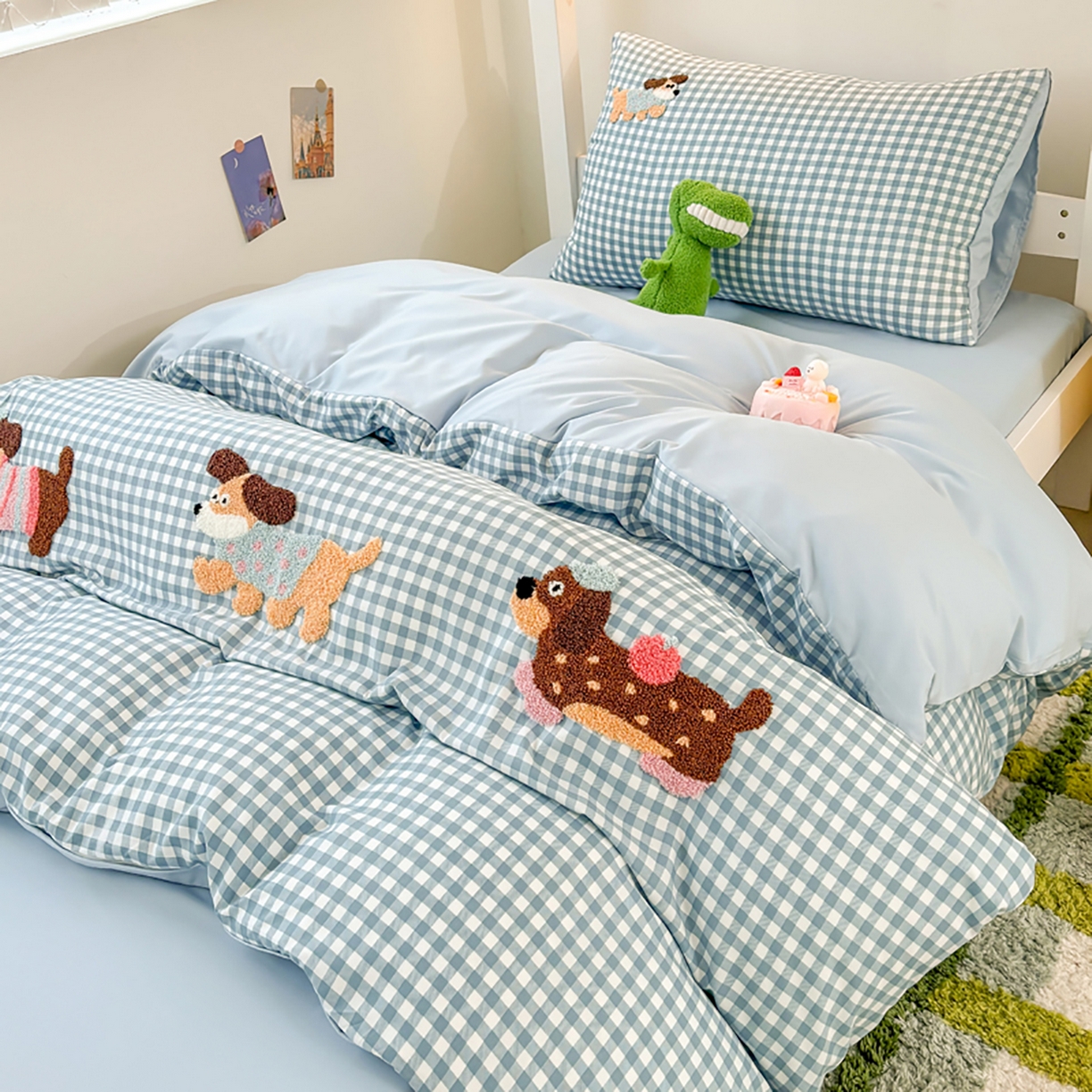 91家纺网 家纺一手货源 找家纺 欧妮家纺 2025新款学生床三件套学校宿舍单人寝室上下铺床上用品-提供买家秀 可爱狗狗-兰色格