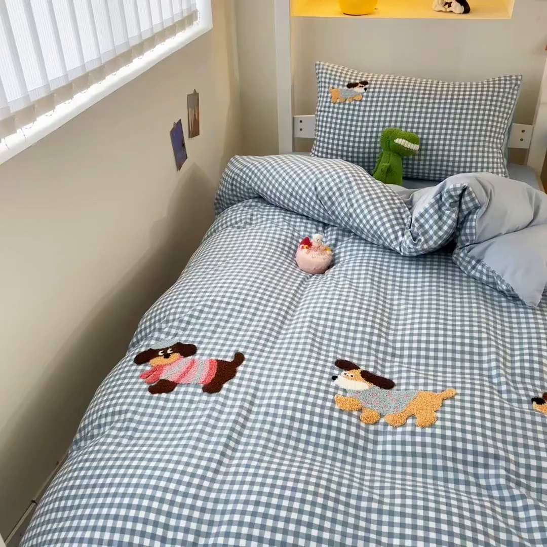 91家纺网 家纺一手货源 找家纺 欧妮家纺 2025新款学生床三件套学校宿舍单人寝室上下铺床上用品-提供买家秀 可爱狗狗-兰色格