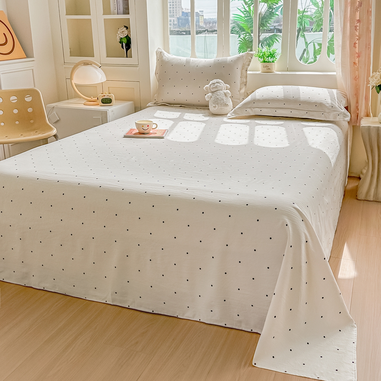 91家纺网 家纺一手货源 找家纺 卓缦家纺 2026新款波点四季款床单卧室宿舍学生单品床单床单单件 良品象牙白
