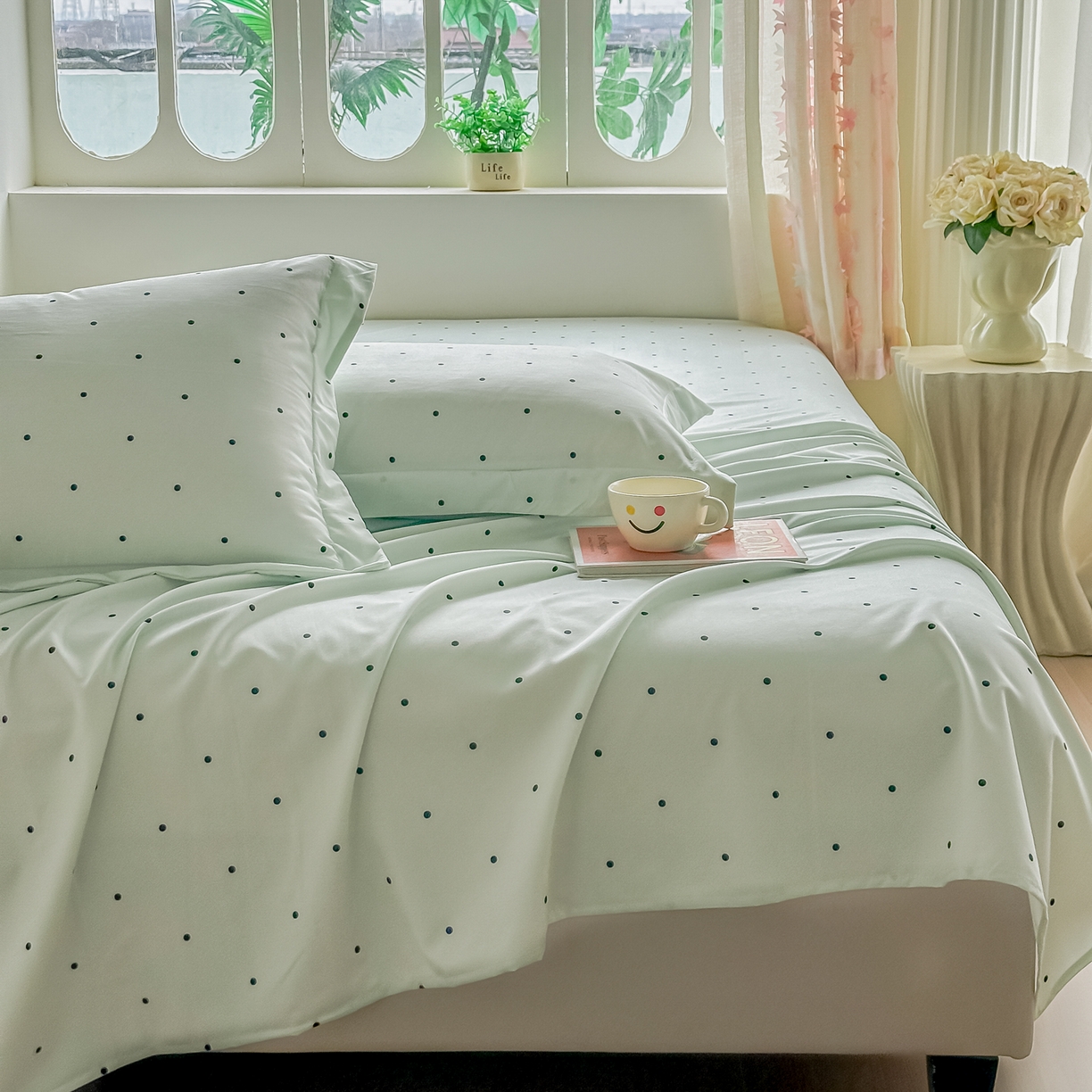 91家纺网 家纺一手货源 找家纺 卓缦家纺 2026新款波点四季款床单卧室宿舍学生单品床单床单单件 良品豆绿色