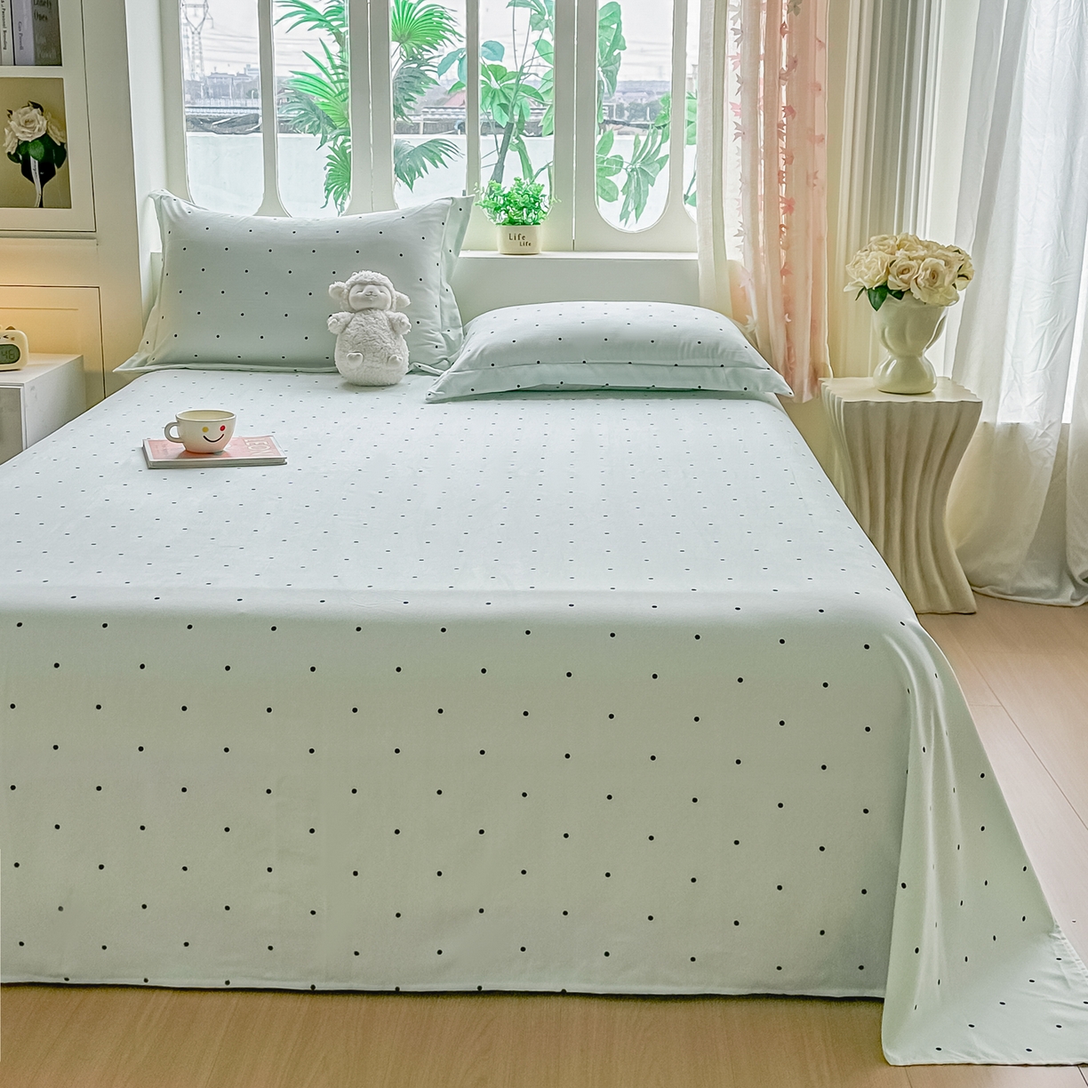 91家纺网 家纺一手货源 找家纺 卓缦家纺 2026新款波点四季款床单卧室宿舍学生单品床单床单单件 良品豆绿色