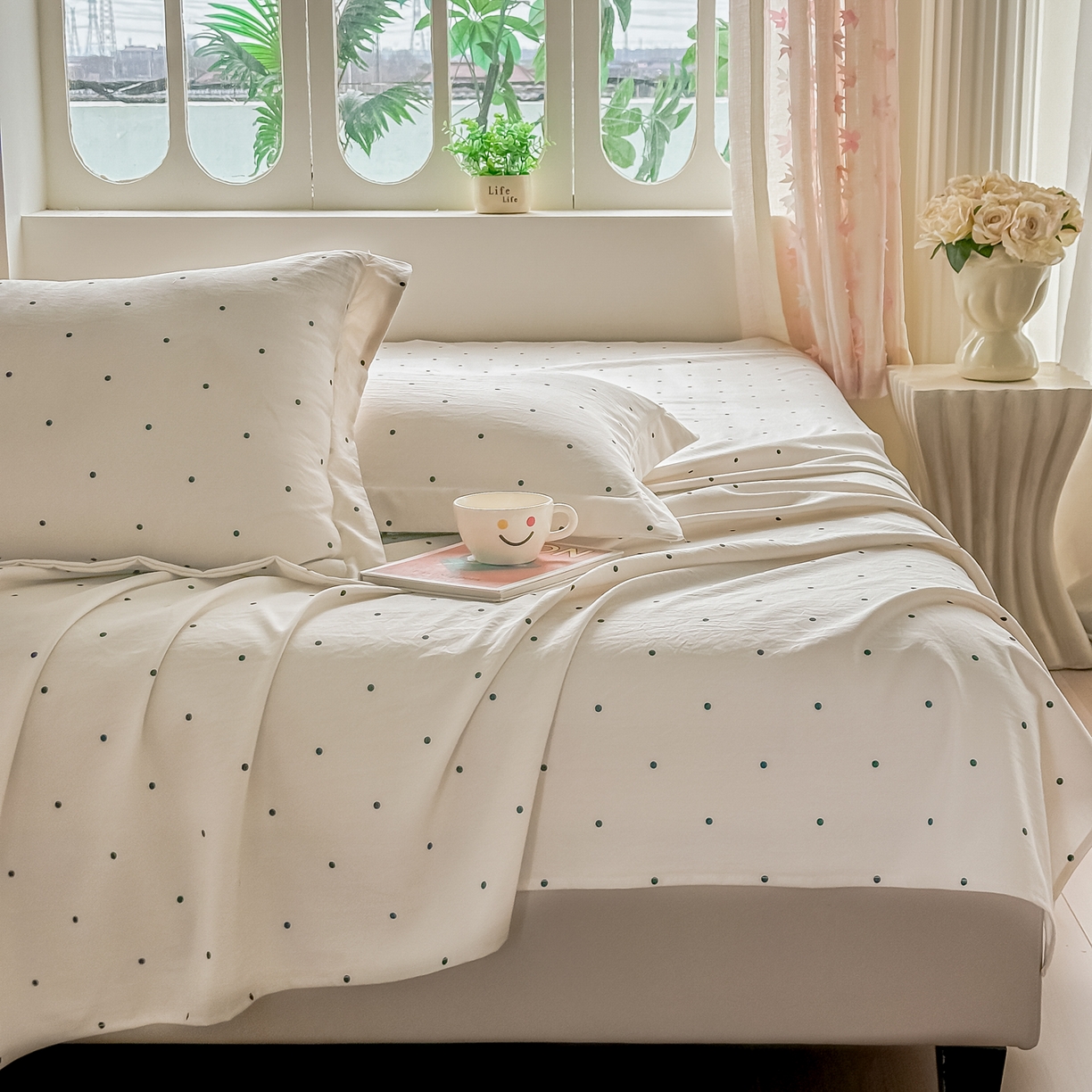91家纺网 家纺一手货源 找家纺 卓缦家纺 2026新款波点四季款床单卧室宿舍学生单品床单床单单件 良品象牙白