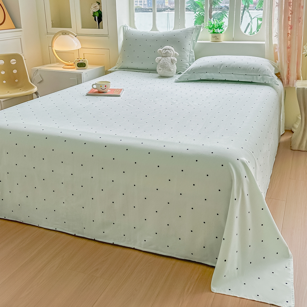 91家纺网 家纺一手货源 找家纺 卓缦家纺 2026新款波点四季款床单卧室宿舍学生单品床单床单单件 良品豆绿色