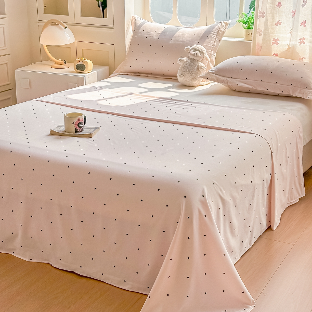 91家纺网 家纺一手货源 找家纺 卓缦家纺 2026新款波点四季款床单卧室宿舍学生单品床单床单单件 良品樱花粉
