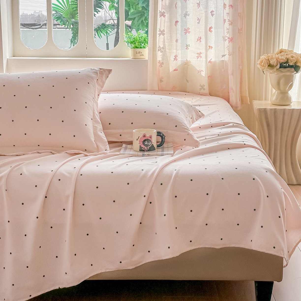 91家纺网 家纺一手货源 找家纺 卓缦家纺 2026新款波点四季款床单卧室宿舍学生单品床单床单单件 良品樱花粉