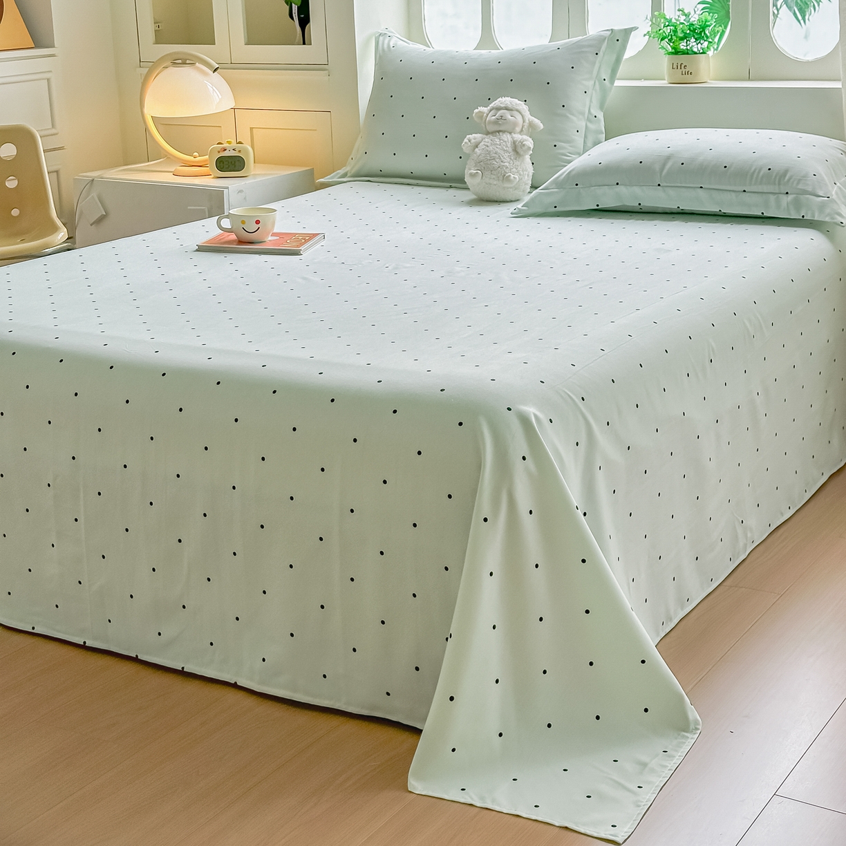 91家纺网 家纺一手货源 找家纺 卓缦家纺 2026新款波点四季款床单卧室宿舍学生单品床单床单单件 良品豆绿色
