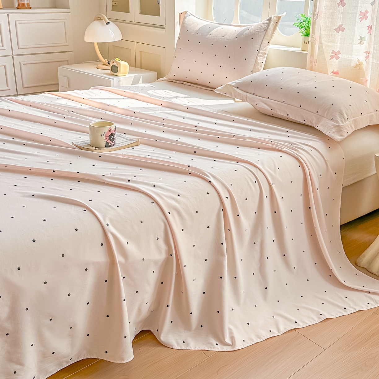 91家纺网 家纺一手货源 找家纺 卓缦家纺 2026新款波点四季款床单卧室宿舍学生单品床单床单单件 良品樱花粉