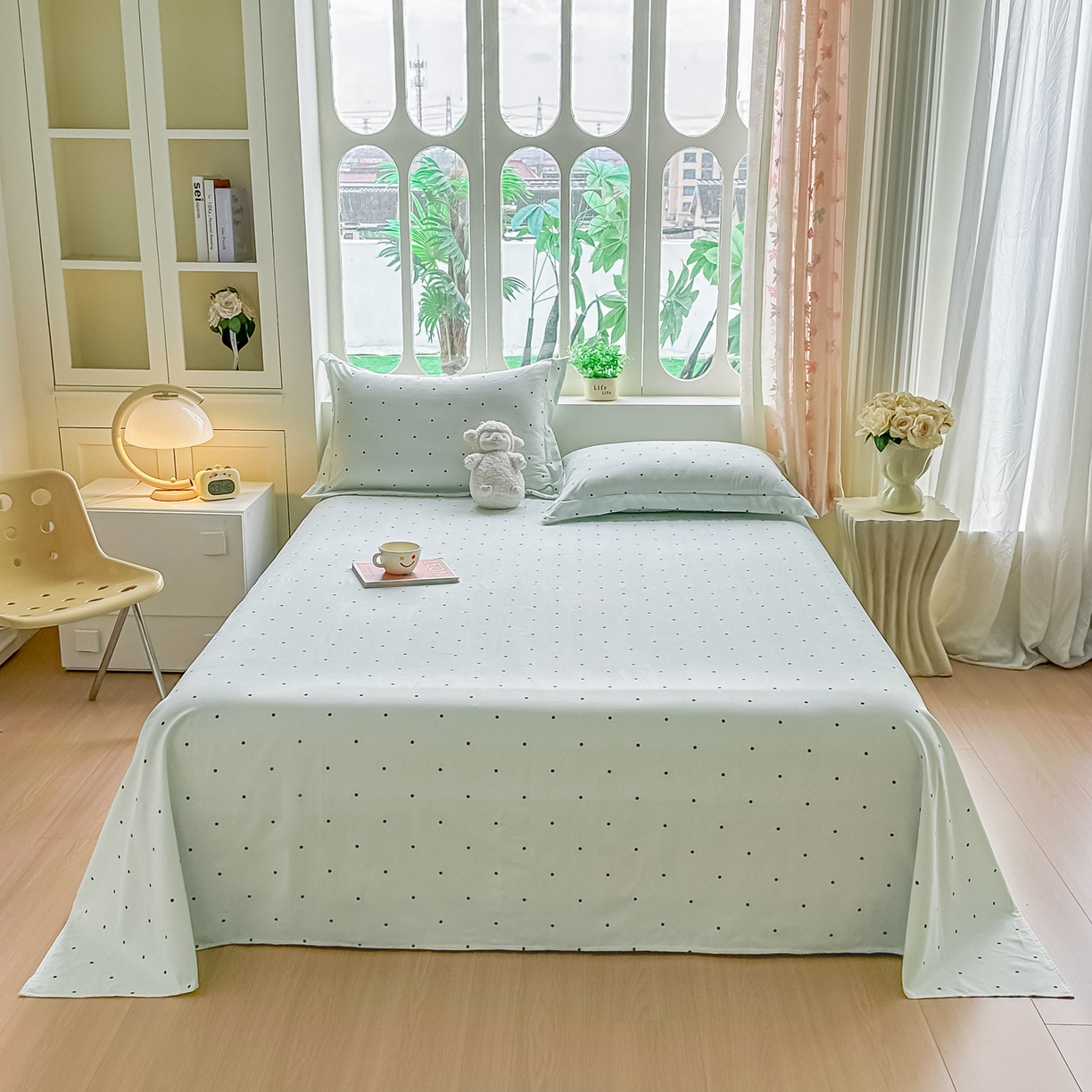 91家纺网 家纺一手货源 找家纺 卓缦家纺 2026新款波点四季款床单卧室宿舍学生单品床单床单单件 良品豆绿色