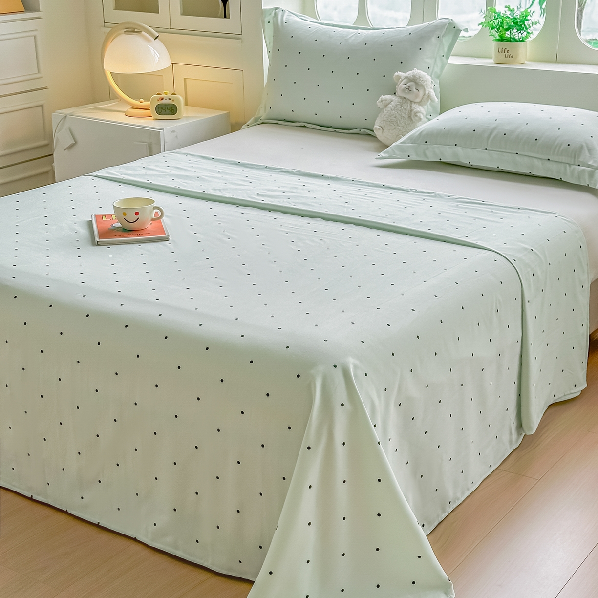 91家纺网 家纺一手货源 找家纺 卓缦家纺 2026新款波点四季款床单卧室宿舍学生单品床单床单单件 良品豆绿色