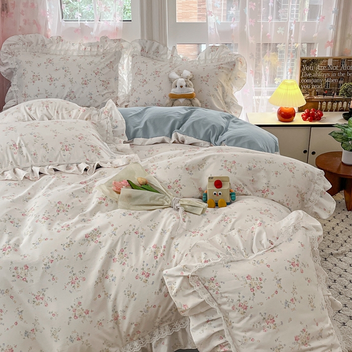 91家纺网 家纺一手货源 找家纺 畅畅家纺 2026新款春秋韩版A类公主风云柔棉工艺款花边四件套 淡彩花语