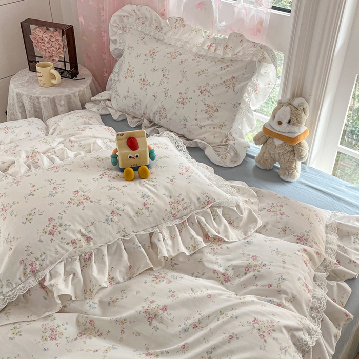 91家纺网 家纺一手货源 找家纺 畅畅家纺 2026新款春秋韩版A类公主风云柔棉工艺款花边四件套 淡彩花语