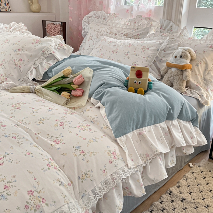 91家纺网 家纺一手货源 找家纺 畅畅家纺 2026新款春秋韩版A类公主风云柔棉工艺款花边四件套 淡彩花语