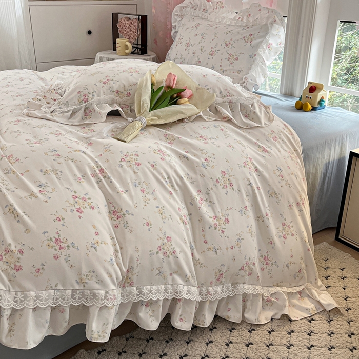 91家纺网 家纺一手货源 找家纺 畅畅家纺 2026新款春秋韩版A类公主风云柔棉工艺款花边四件套 淡彩花语