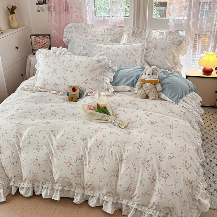 91家纺网 家纺一手货源 找家纺 畅畅家纺 2026新款春秋韩版A类公主风云柔棉工艺款花边四件套 淡彩花语